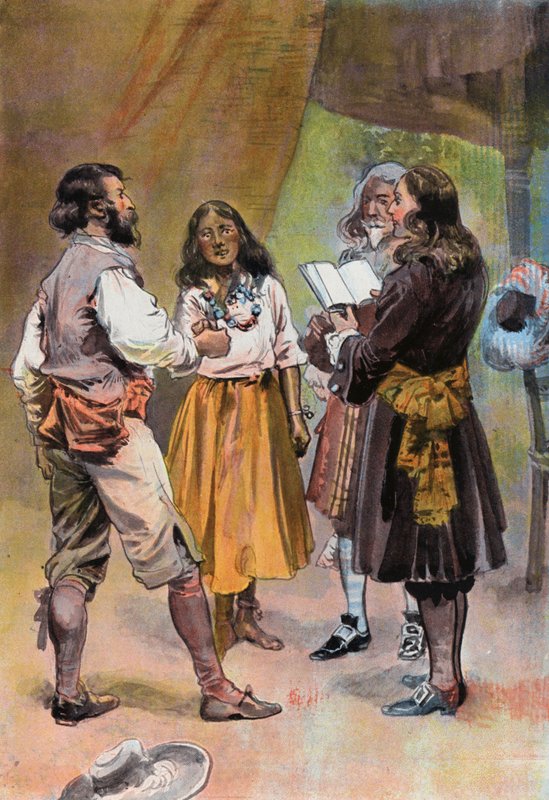 Robinson Crusoe: Marriage of Will Atkins (farve litho) af Joseph (after) Finnemore