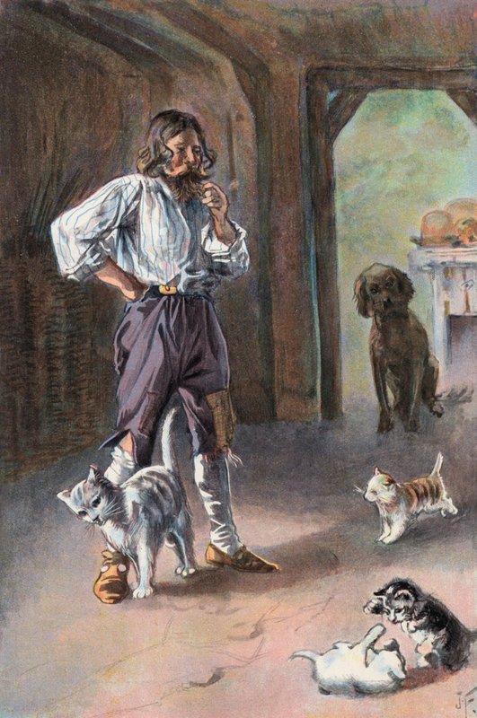 Robinson Crusoe: Min kat bragte tre killinger hjem (farve litho) af Joseph (after) Finnemore