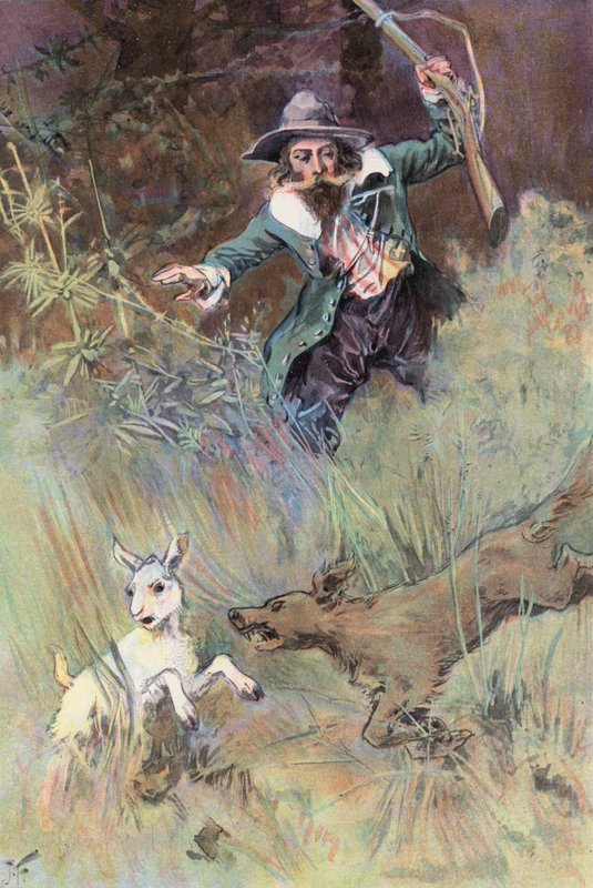Robinson Crusoe: Min hund overraskede et ungt barn (farve litho) af Joseph (after) Finnemore