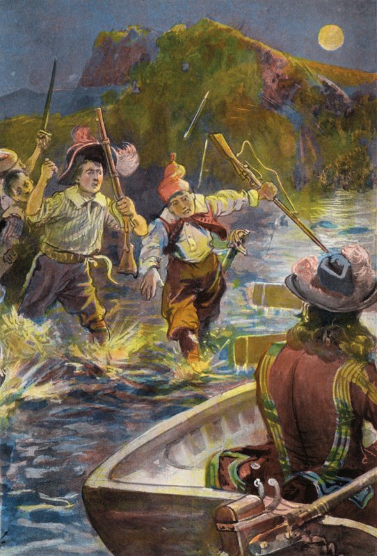 Robinson Crusoe: Vores mænd skynder sig efter bådene (farve litho) af Joseph (after) Finnemore