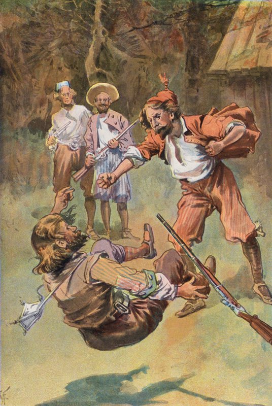 Robinson Crusoe: Spanieren slog ham med et knytnæveslag (farve litho) af Joseph (after) Finnemore