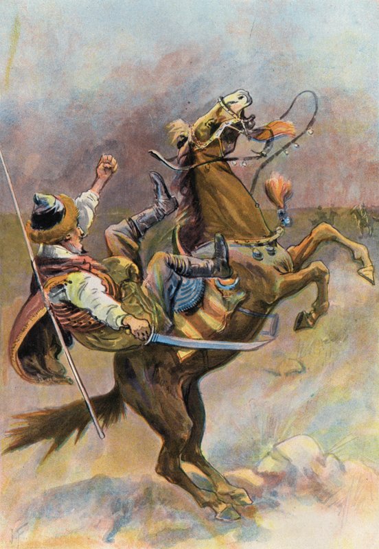 Robinson Crusoe: Hesten smed tandstenen og faldt over ham (farve litho) af Joseph (after) Finnemore