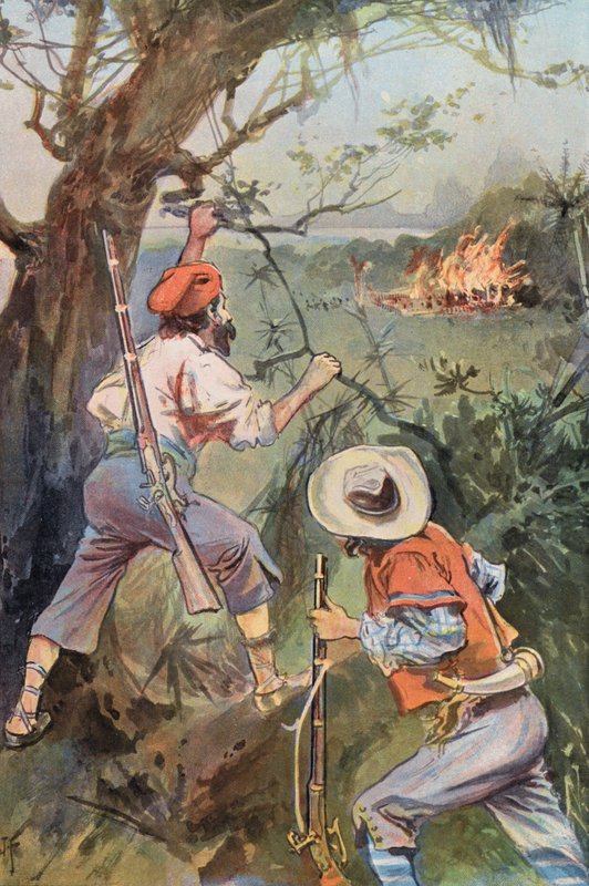 Robinson Crusoe: Hytterne i brand (farve litho) af Joseph (after) Finnemore