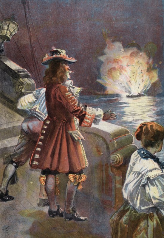 Robinson Crusoe: Skibet blæste i luften (farve litho) af Joseph (after) Finnemore