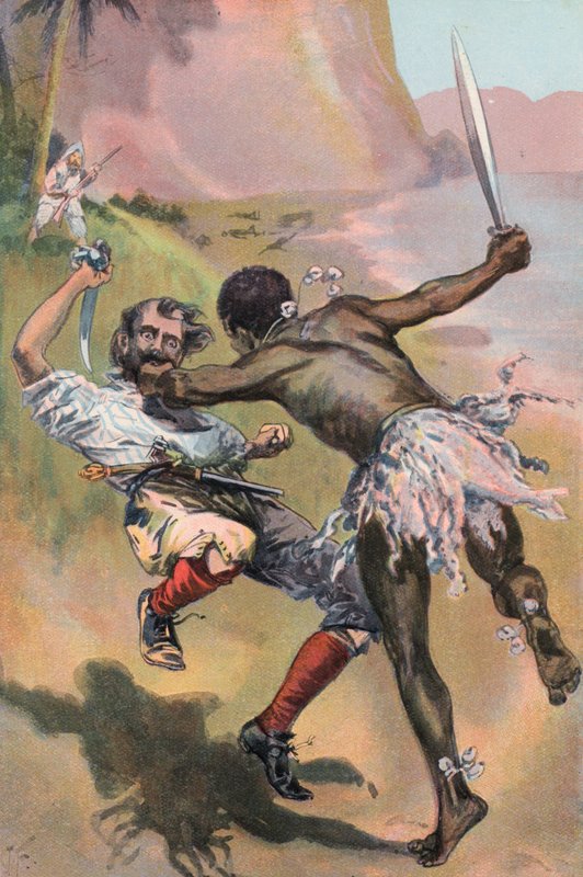 Robinson Crusoe: Spanieren bliver angrebet af en vild (farve litho) af Joseph (after) Finnemore