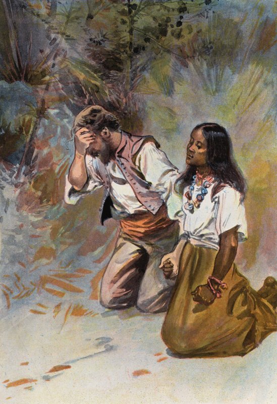 Robinson Crusoe: De knælede begge sammen (farve litho) af Joseph (after) Finnemore