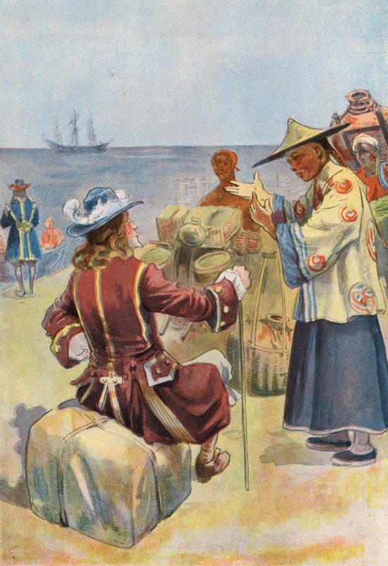 Robinson Crusoe: Handel med kinesiske købmænd (farve litho) af Joseph (after) Finnemore