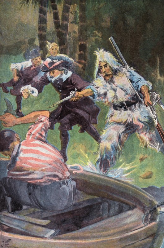 Robinson Crusoe: Vi opfordrer ham til at give efter (farve litho) af Joseph (after) Finnemore
