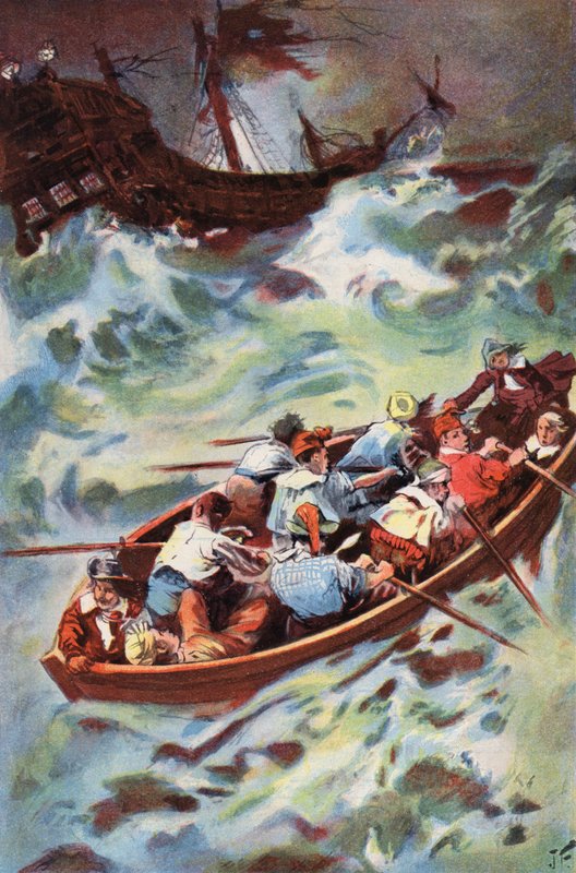 Robinson Crusoe: Vi forlader vraget (farve litho) af Joseph (after) Finnemore