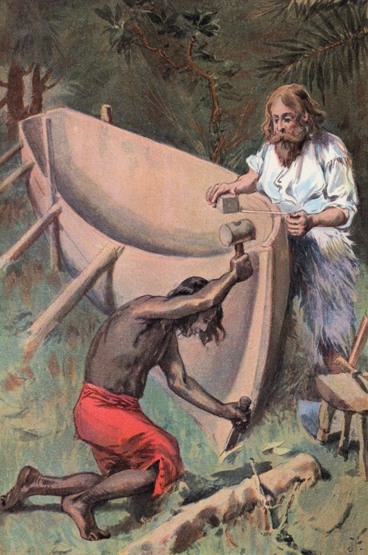 Robinson Crusoe: Vi laver en stor båd (farve litho) af Joseph (after) Finnemore