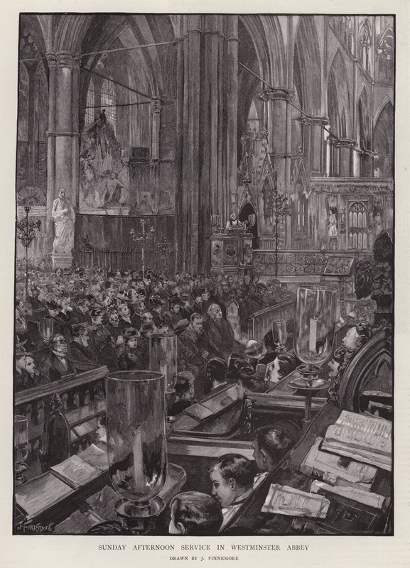 Søndag eftermiddags gudstjeneste i Westminster Abbey, London (litho) af Joseph (after) Finnemore