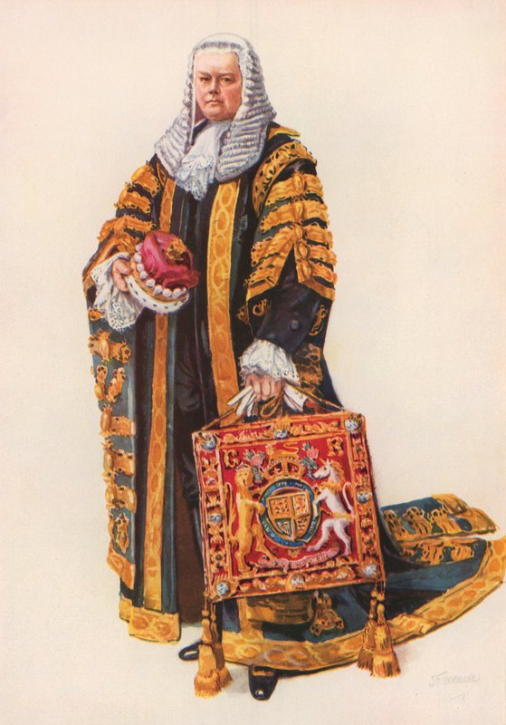 Lord Chancellor i sine kroningsdragter (farve litho) af Joseph (after) Finnemore