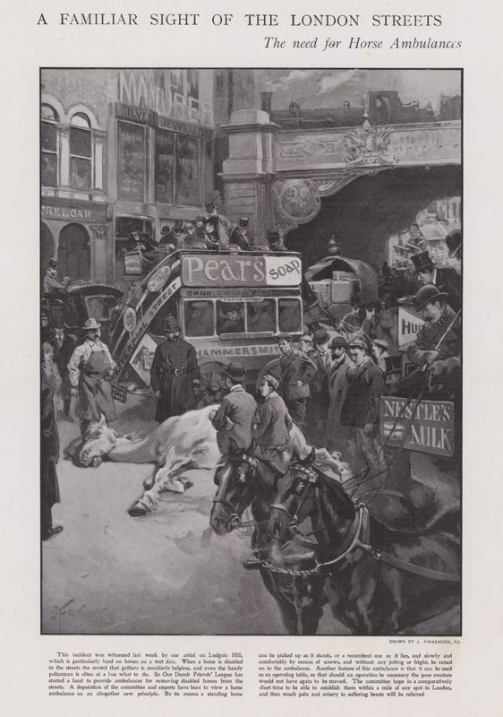 Behovet for hesteambulancer på gaderne i London (litho) af Joseph (after) Finnemore
