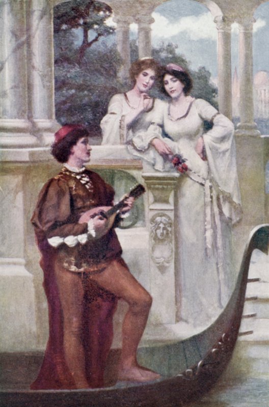 Ung mand spiller musik for to piger (farve litho) af Joseph (after) Finnemore