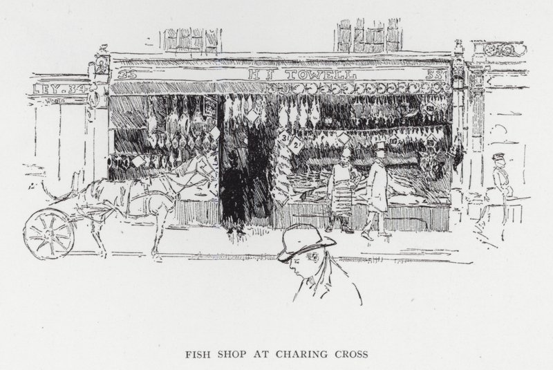 Fiskebutik ved Charing Cross (litho) af Joseph (after) Pennell
