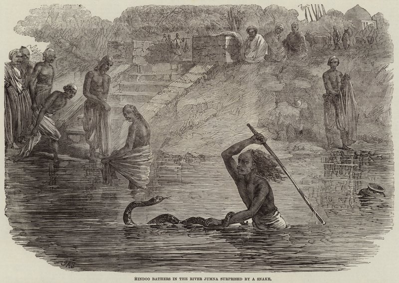 Hindu-badende i floden Jumna overrasket af en slange af Joseph Austin Benwell