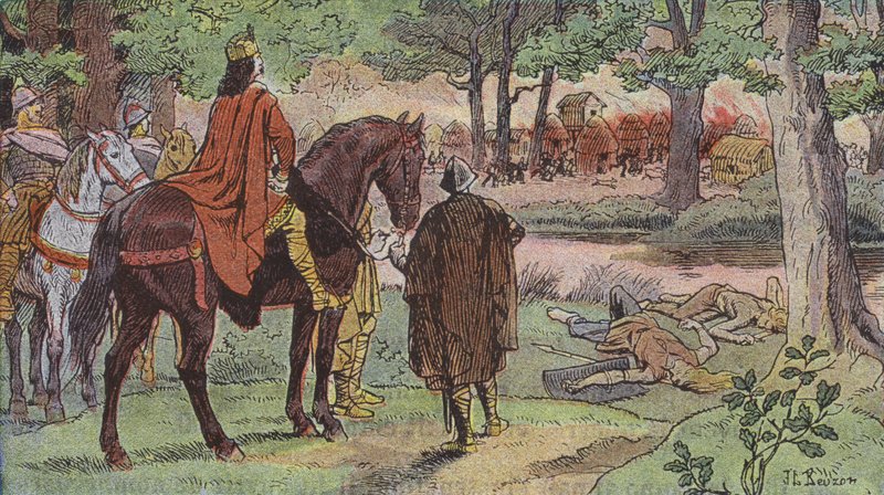 Karl den Stores hær brænder en tysk landsby og massakrerer indbyggerne (farve litho) af Joseph Beuzon