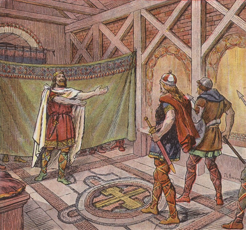 Chlothar I ser fødderne af lejemorderne, der blev beordret til at dræbe ham af hans bror Theuderic (farve litho) af Joseph Beuzon