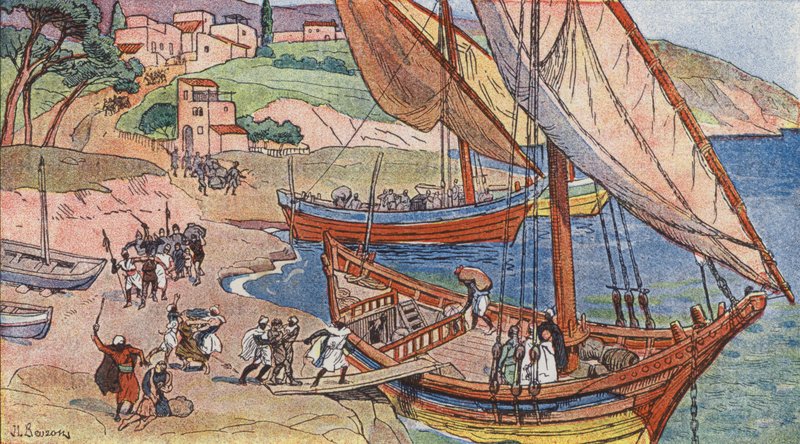 Saracenere plyndrer ved Middelhavets kyster (farve litho) af Joseph Beuzon
