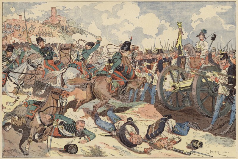 Slaget ved Solferino, Italien, anden italienske uafhængighedskrig, 24. juni 1859 (farve litografi) af Joseph Charles (after) Beuzon