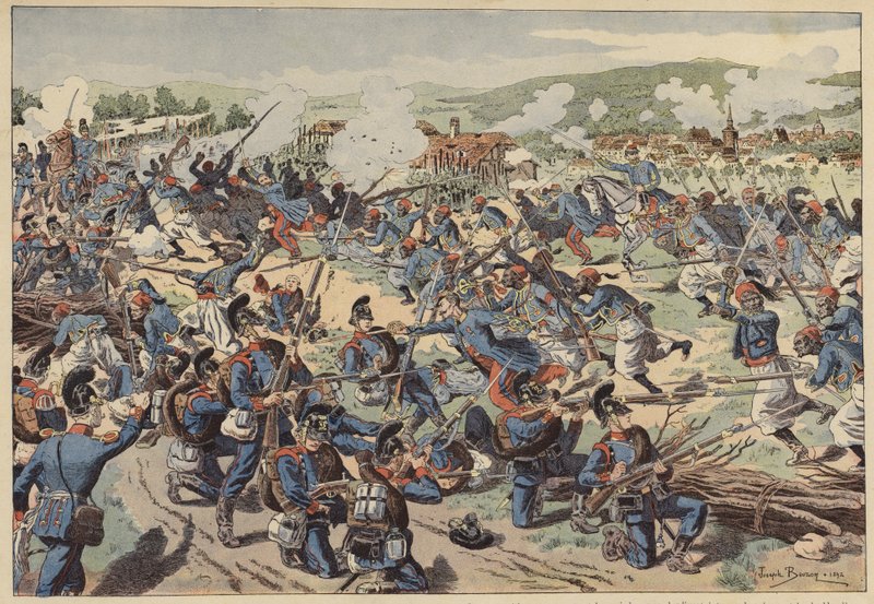 Slaget ved Wissembourg, fransk-preussisk krig, 4. august 1870 (farve litho) af Joseph Charles (after) Beuzon