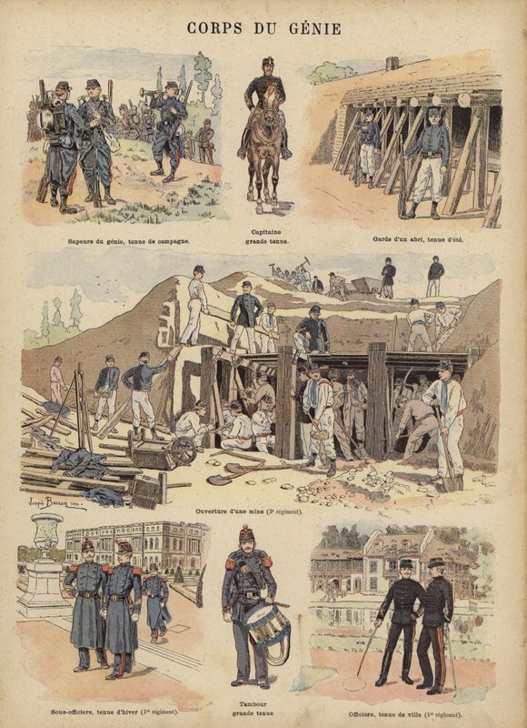 Militære ingeniører af den franske hær (farve litho) af Joseph Charles (after) Beuzon