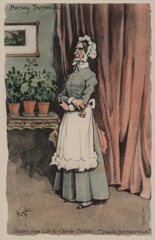 Betsey Trotwood, David Copperfield (farve litho) af Joseph Clayton  Clarke