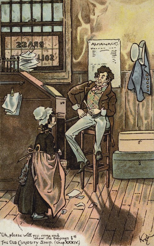 Scene fra The Old Curiosity Shop, af Charles Dickens (farvelitografi) af Joseph Clayton (1856 1937) (after) Clarke