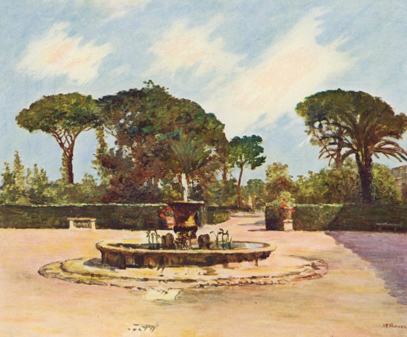 Rom: Villa Medici, poolen og haven (farvelitografi) af Joseph Felix Bouchor