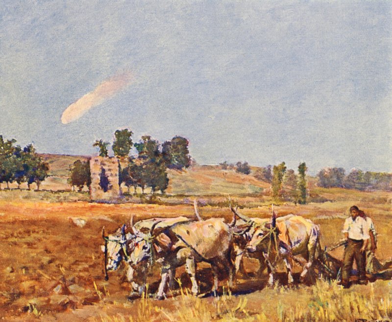 Rom: Det romerske landskab, okser, der pløjer (farvelitografi) af Joseph Felix Bouchor