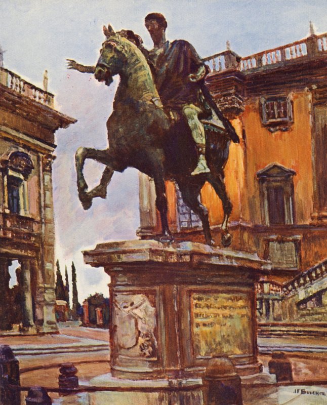 Rom: Statuen af Marcus Aurelius, Piazza del Campidoglio (farvelitografi) af Joseph Felix Bouchor