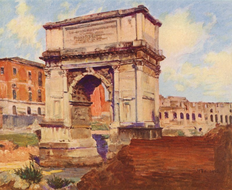 Rom: Forum, Titusbuen, Colosseum (farvelitografi) af Joseph Felix Bouchor