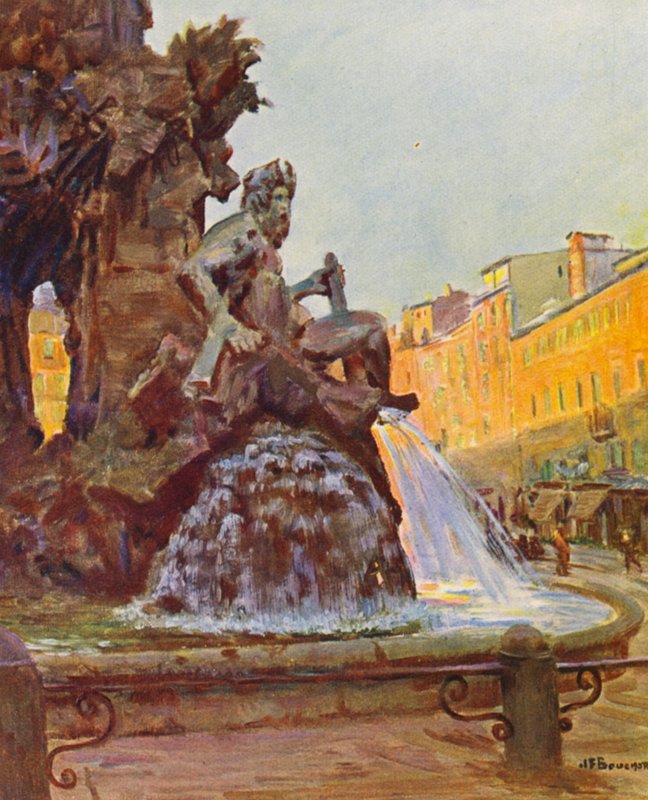 Rom: Piazza Navona, Berninis fontæne (farvelitografi) af Joseph Felix Bouchor