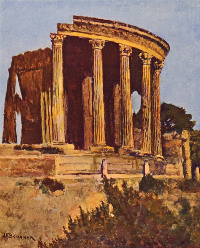 Rom: Tivoli, Sibylletemplet (farvelitografi) af Joseph Felix Bouchor