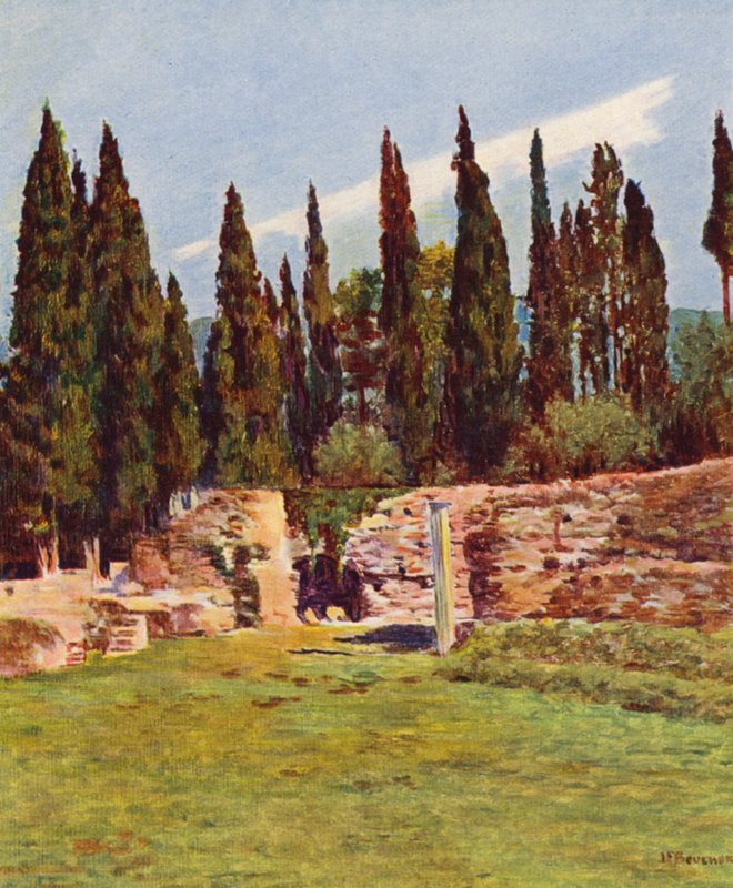 Rom: Villa Hadriana, søjlen i det græske teater (farvelitografi) af Joseph Felix Bouchor