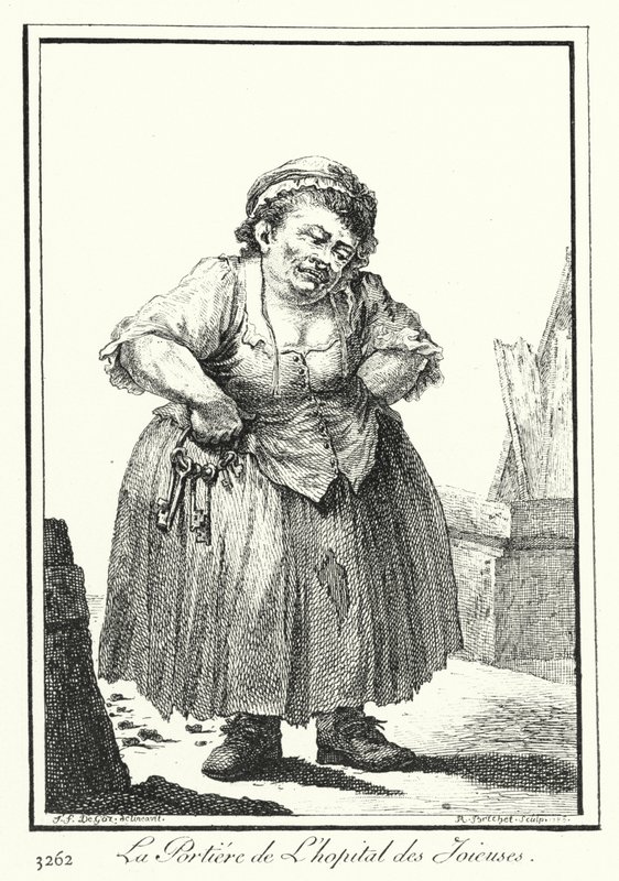 Dørvogteren til Hopital des Joieuses (gravering) af Joseph Franz von (after) Goez