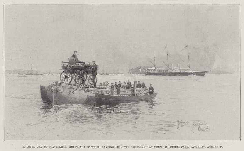 A Novel Way of Travelling, prinsen af Wales lander fra Osborne ved Mount Edgcumbe Park, lørdag den 27. august af Joseph Holland Tringham