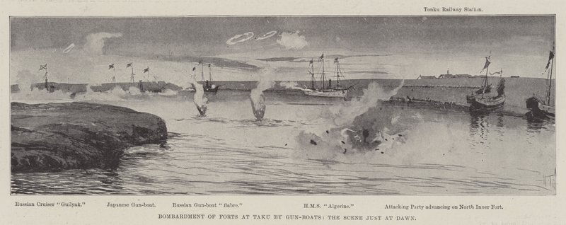 Bombardement af forter ved Taku med Gun-Boats, scenen lige ved daggry af Joseph Holland Tringham