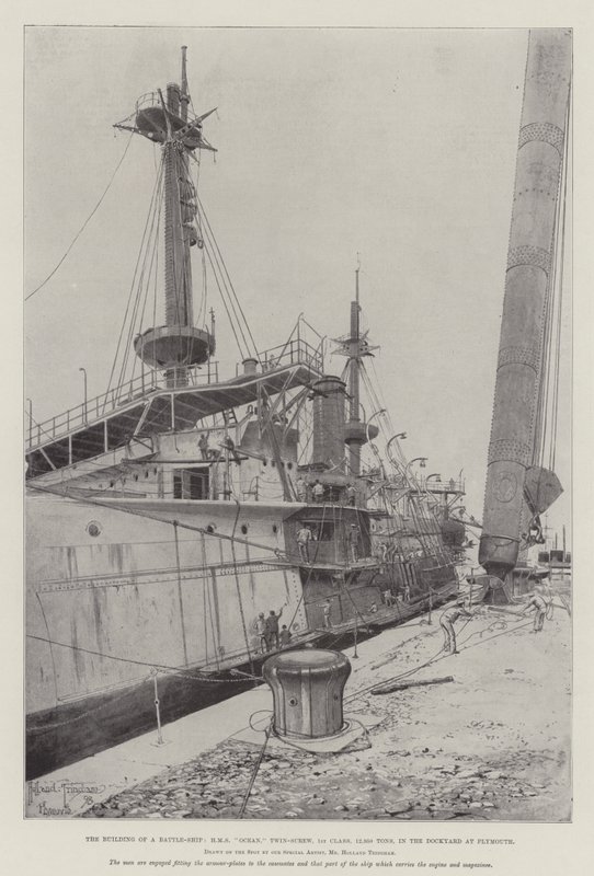 Bygningen af et slagskib, HMS Ocean, Twin-Screw, 1. klasse, 12.950 tons, i værftet i Plymouth af Joseph Holland Tringham