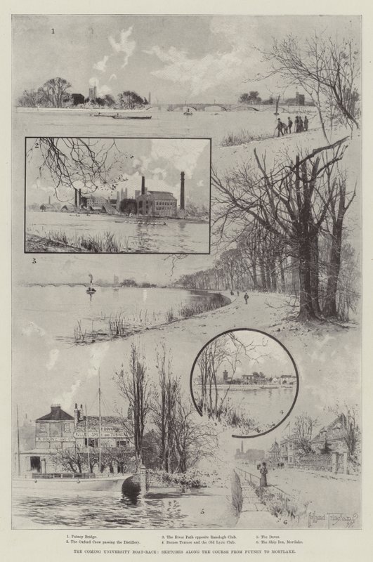 The Coming University Boat-Race, skitser langs banen fra Putney til Mortlake af Joseph Holland Tringham