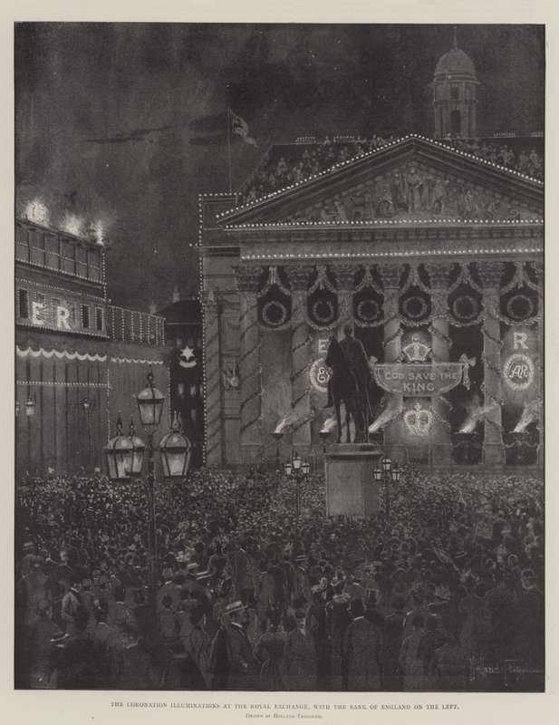 Illuminationer ved kroningen i Royal Exchange med Bank of England til venstre af Joseph Holland Tringham
