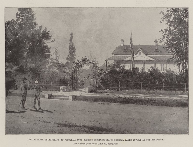 Forsvareren af Mafeking i Pretoria, Lord Roberts modtager generalmajor Baden-Powell på residency af Joseph Holland Tringham