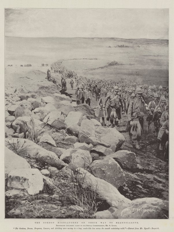 Gordon Highlanders på vej til Elandslaagte af Joseph Holland Tringham