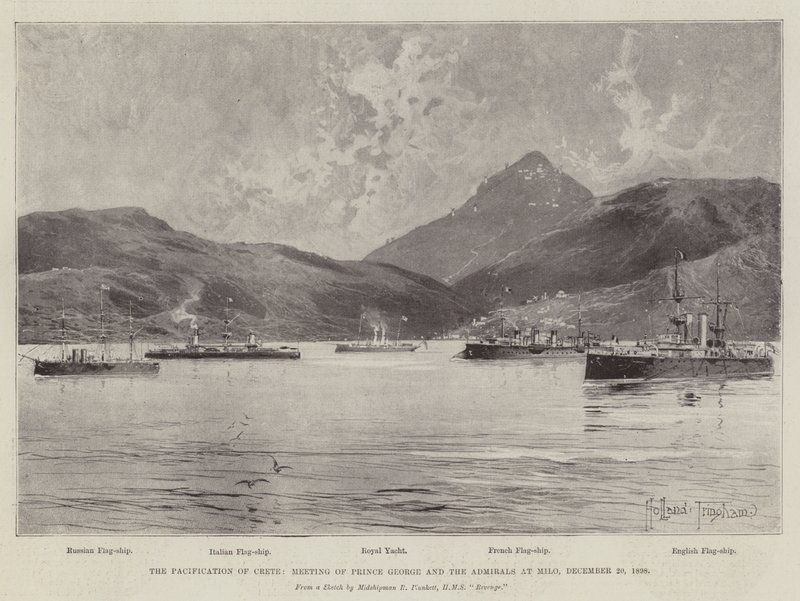 Fredningen af Kreta, møde mellem prins George og admiralerne i Milo, 20. december 1898 af Joseph Holland Tringham