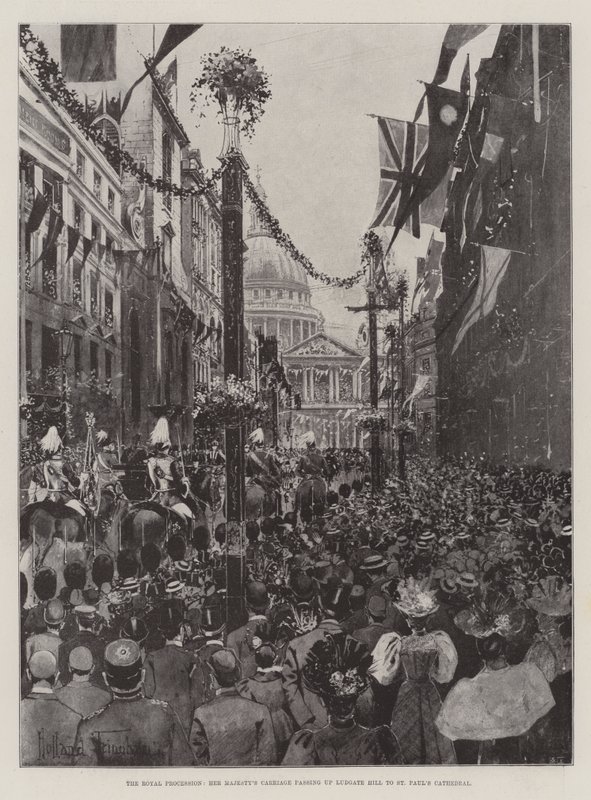 Den kongelige procession, hendes majestæts vogn, der passerer op ad Ludgate Hill til St. Paul