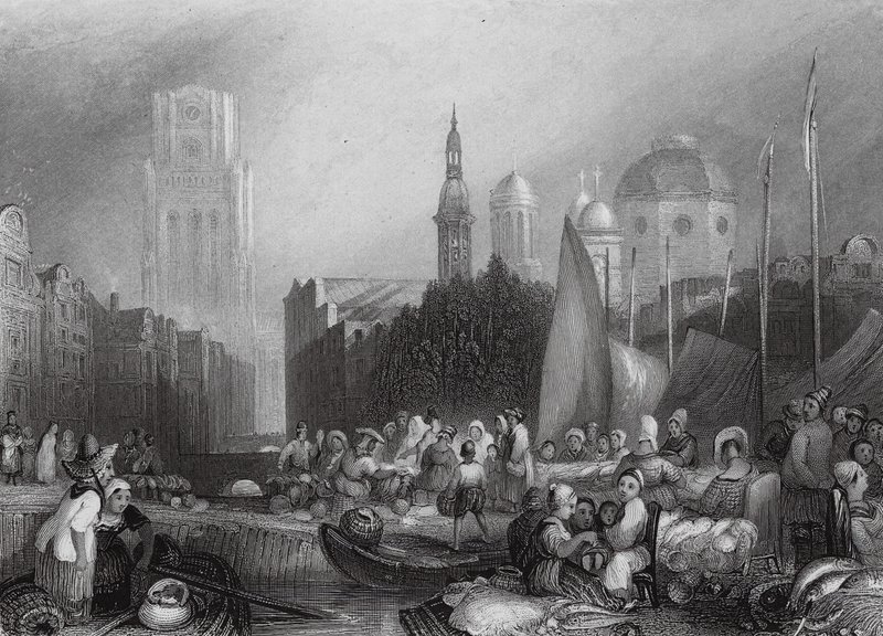 Fiskemarked, Rotterdam (kobberstik) af Joseph Mallord William (after) Turner