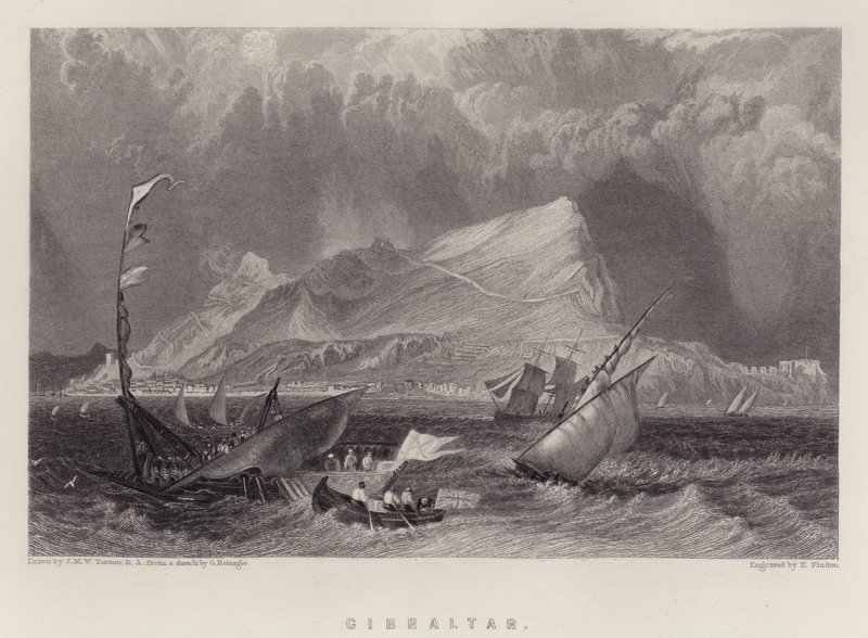 Gibraltar (farve litho) af Joseph Mallord William (after) Turner