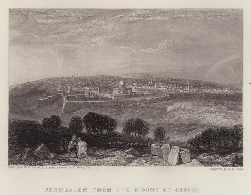 Jerusalem fra Oliebjerget (farve litho) af Joseph Mallord William (after) Turner