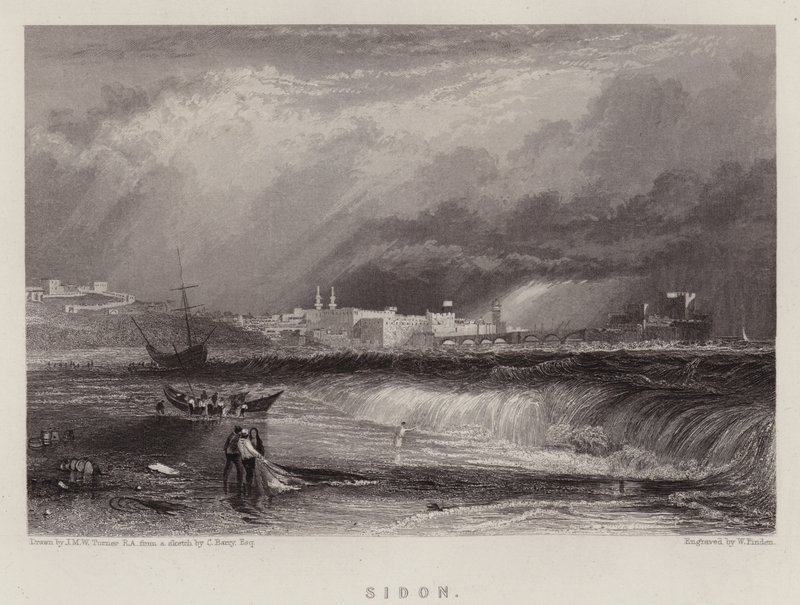 Sidon (farve litho) af Joseph Mallord William (after) Turner