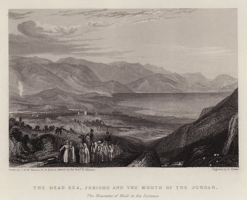 Det Døde Hav, Jeriko og Jordans Mund, Moabs Bjerge i det Fjerne (farve litho) af Joseph Mallord William (after) Turner